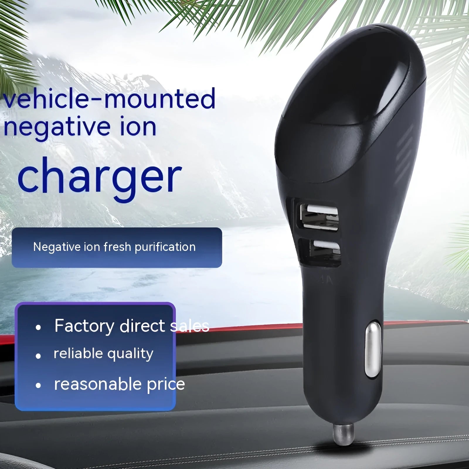 White car USB charger with negative ion purifier for cigarette lighter socket
