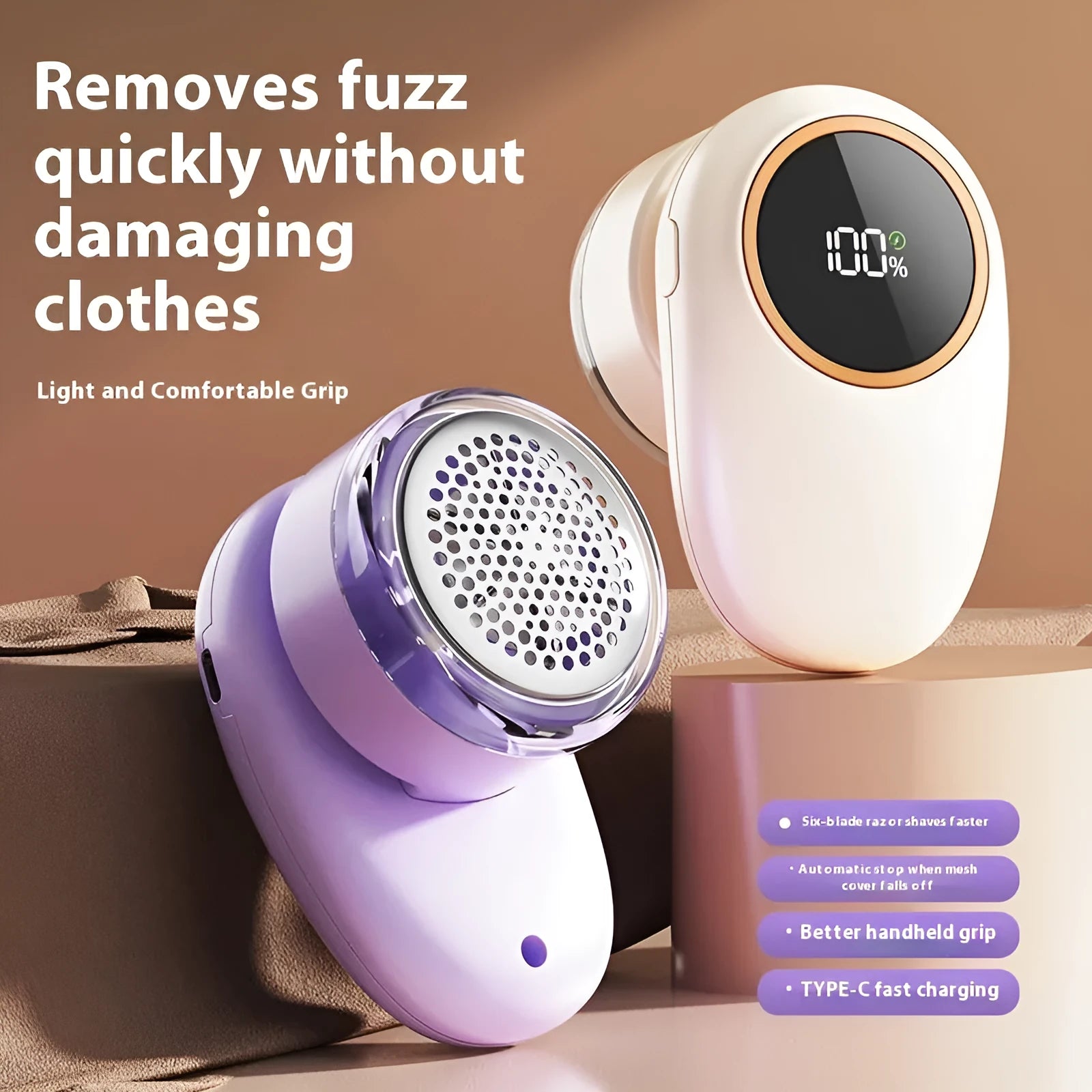 Digital fur ball trimmer with lint roller in beige or purple colour with removable cutter heads