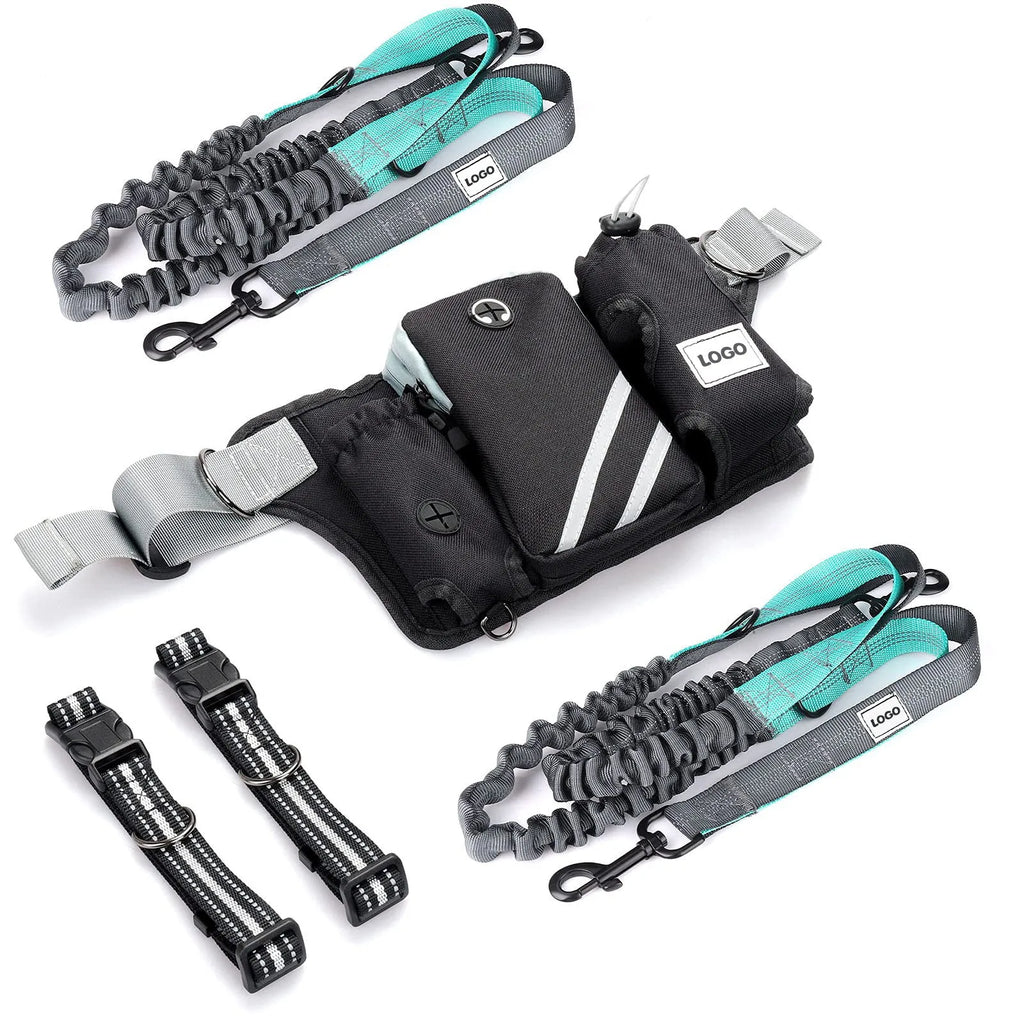 Black nylon dog walking waist bag with integrated leash for hands-free outdoor pet training