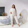 Women's milky white plush two-piece pants set with crew neck top and trousers in Japanese Korean casual style