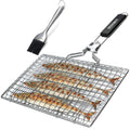 Square stainless steel folding barbecue mesh basket with a cleaning brush for outdoor grilling