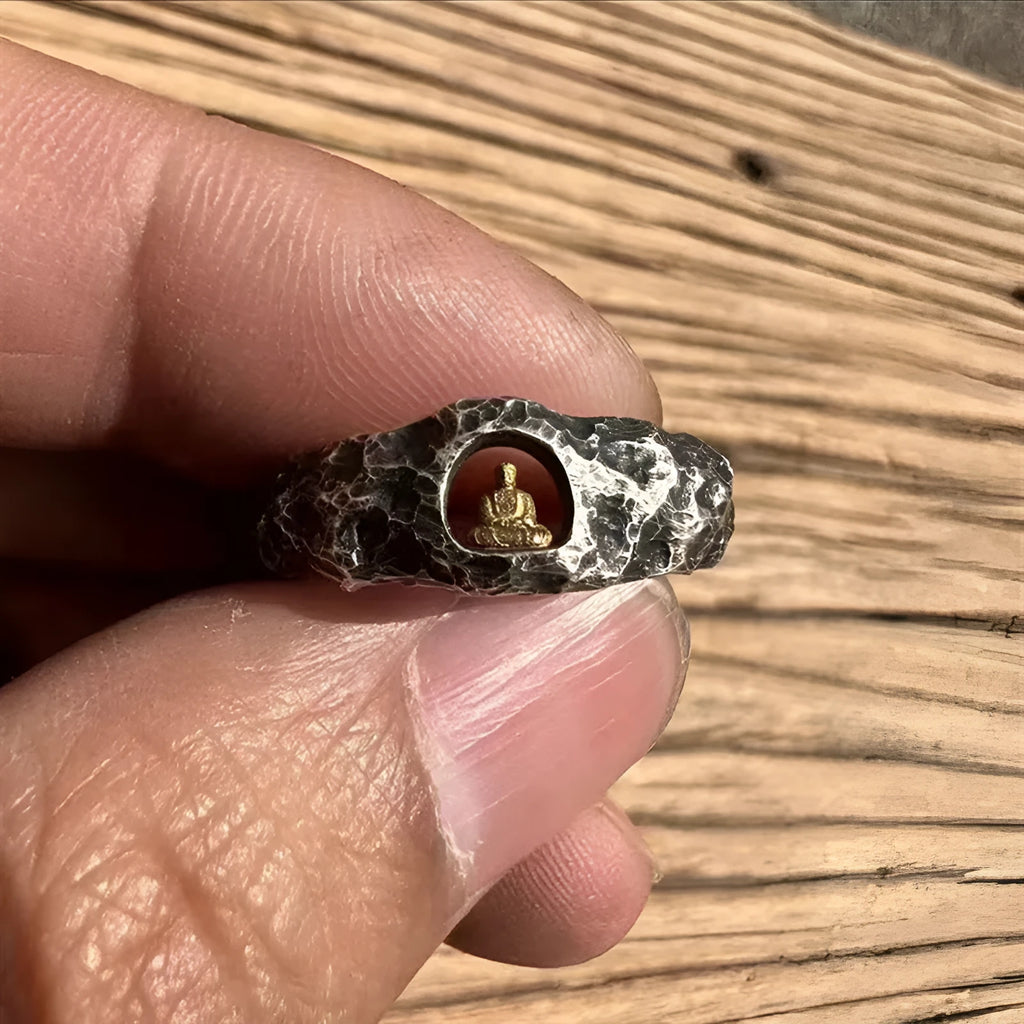 Hand-forged copper grotto Buddha ring with rock texture surface in size 8