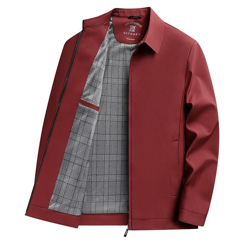 Men's solid colour casual polo collar jacket in khaki – loose fit with side seam pockets and polyester lining