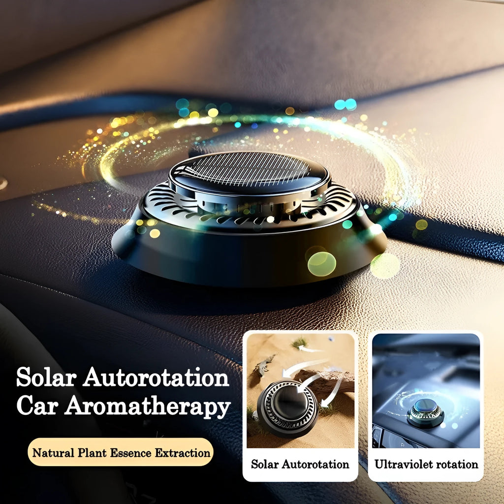 Solar powered double ring rotating car air freshener in Black Ocean colour placed on car dashboard