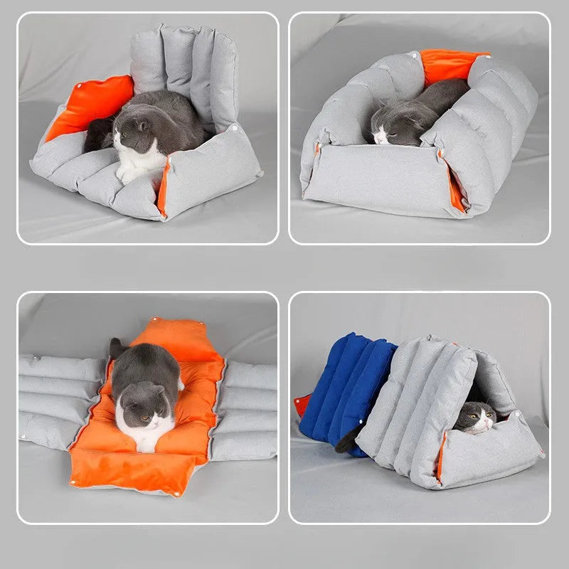 Triangular blue cotton cat nest with drilled holes for deforming, 45x38x38cm, on a wooden floor