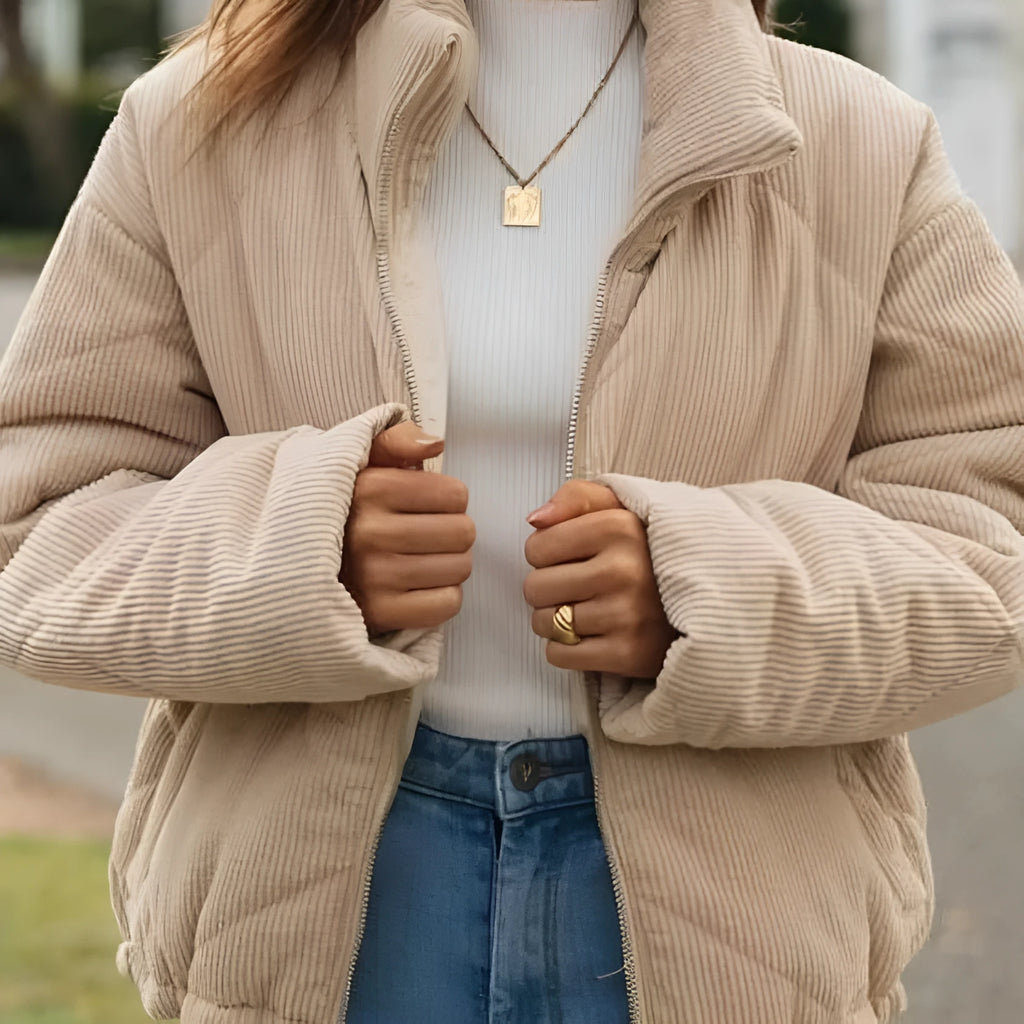 Women's apricot corduroy wadded jacket with stand collar and long sleeves
