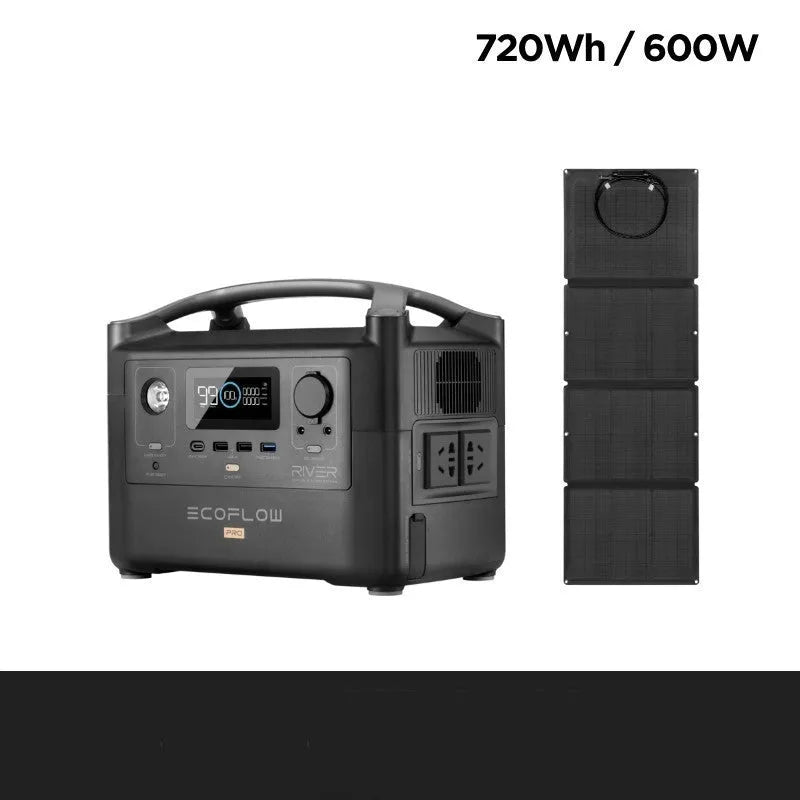RIVER Pro 720Wh portable power station with multiple charging cables and output ports