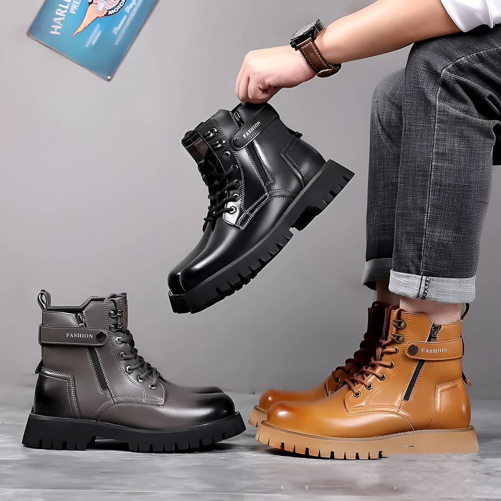 Men's light brown high-top side-zip Martin boots on a thick rubber sole