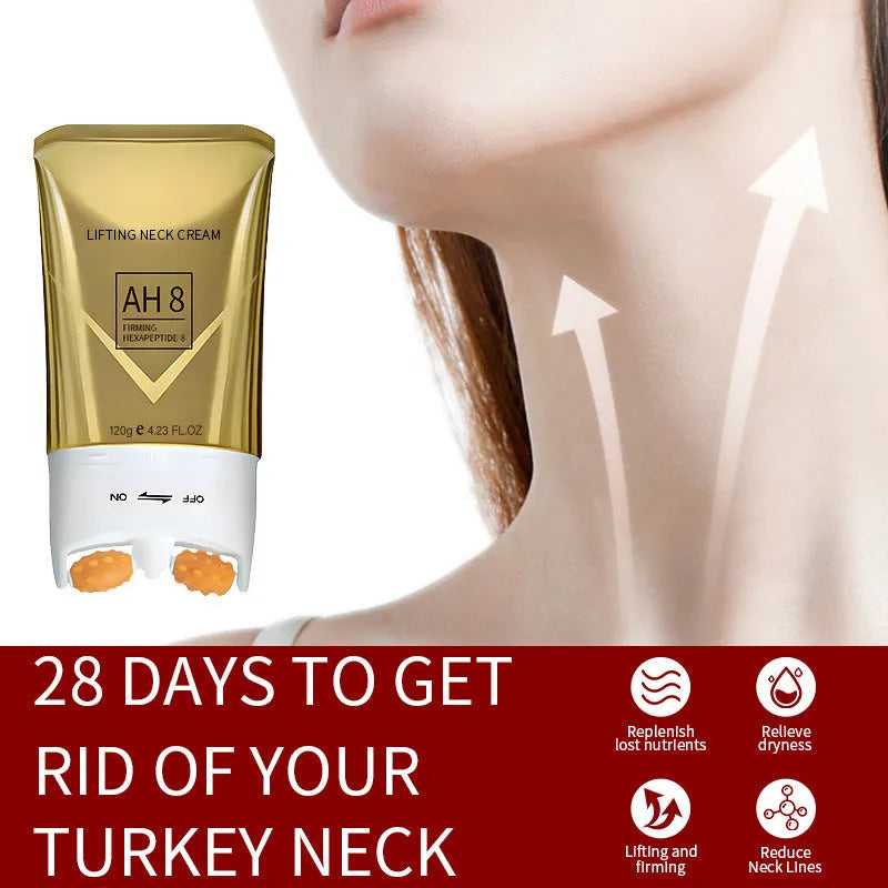 Tube of neck massage cream with roller applicator, moisturising firming 120g, compact size 8.8x3.5x16.5cm