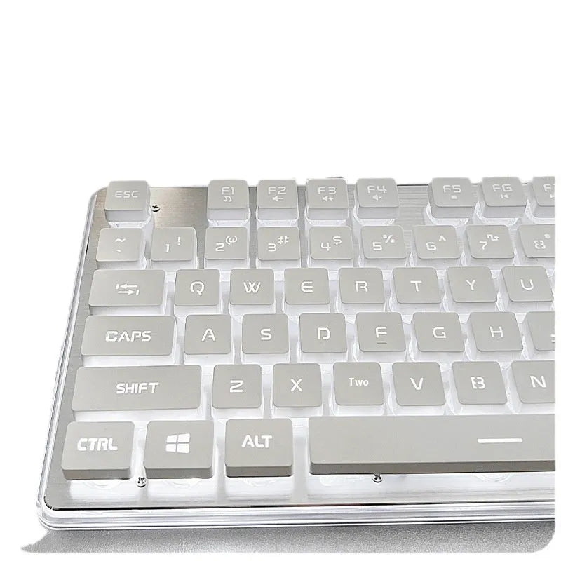 Wired mute mechanical keyboard with LED backlighting in multiple colour options including white, silver, and black variants
