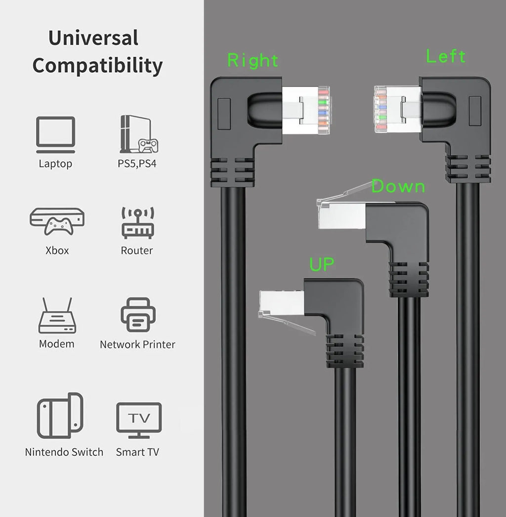 Cat6 Ethernet cable with a black right-angle RJ45 connector plugged into a port, showing its low-profile design.