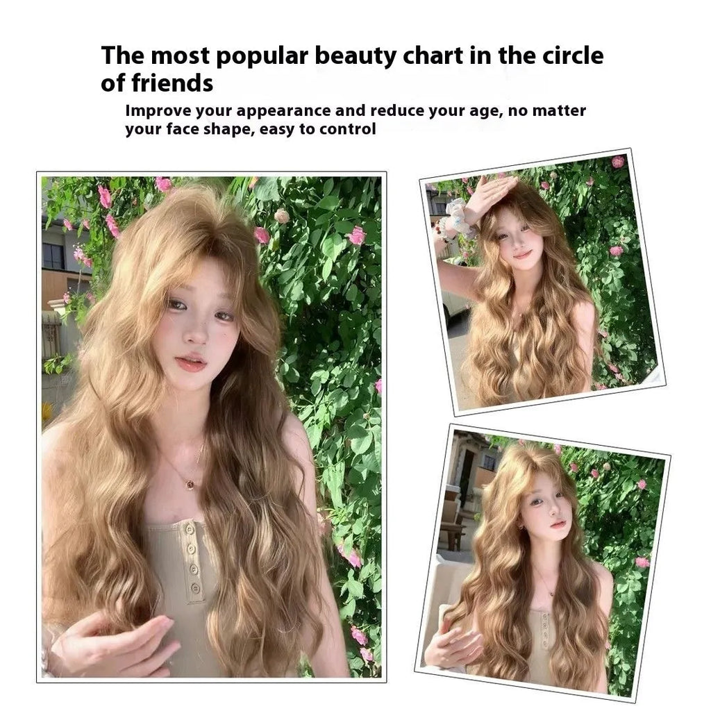 Linen brown medium long curly high temperature fibre synthetic wig with hair net
