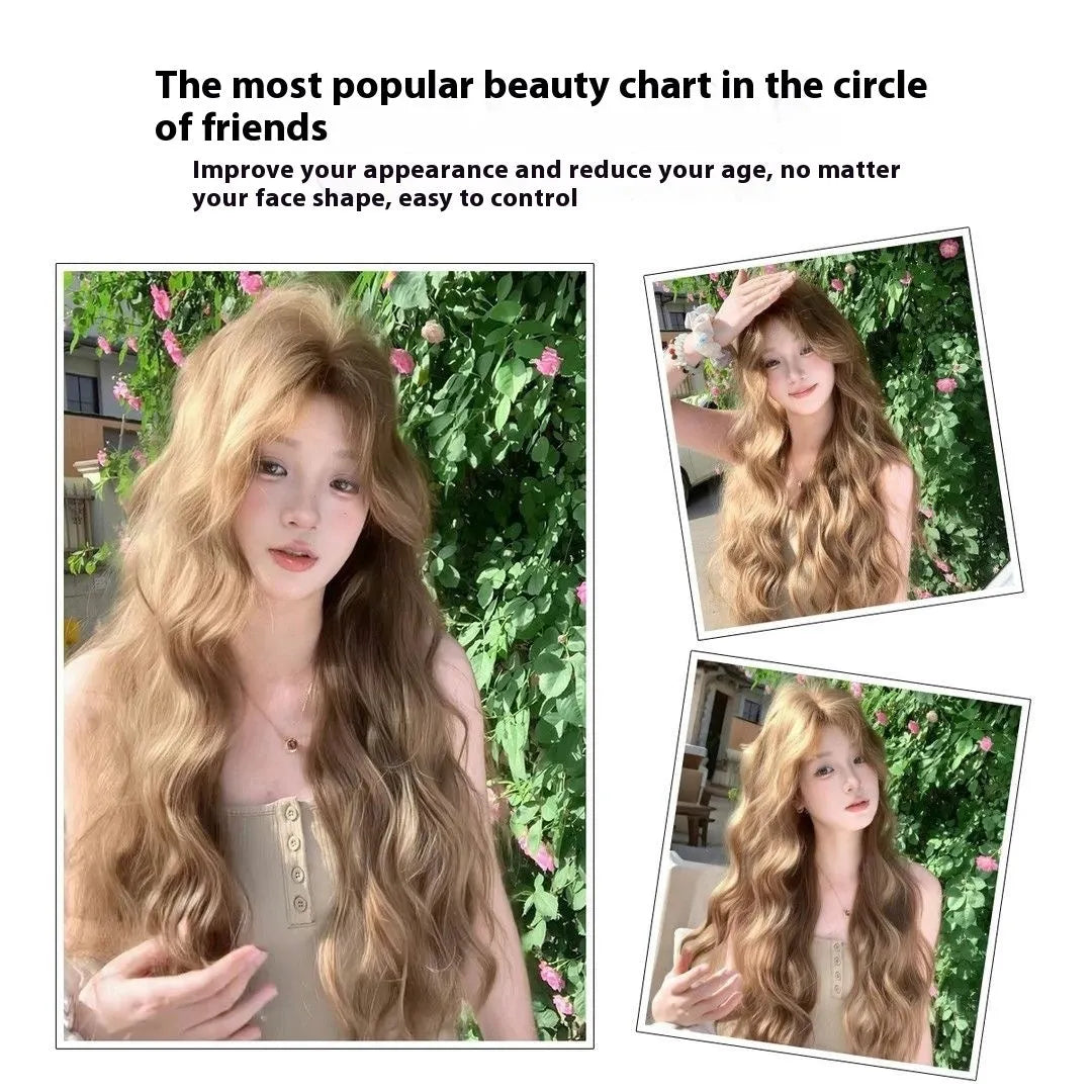 Linen brown medium long curly high temperature fibre synthetic wig with hair net