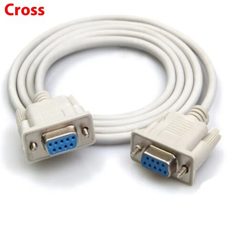 Milky white DB9 female to female RS232 serial port cable with cross wiring, 1.5 metres long.
