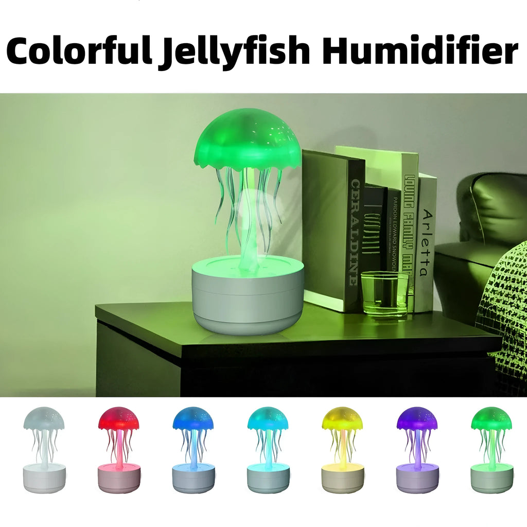 White resin jellyfish aromatherapy diffuser with 7-colour night light and 300ml tank on a desk