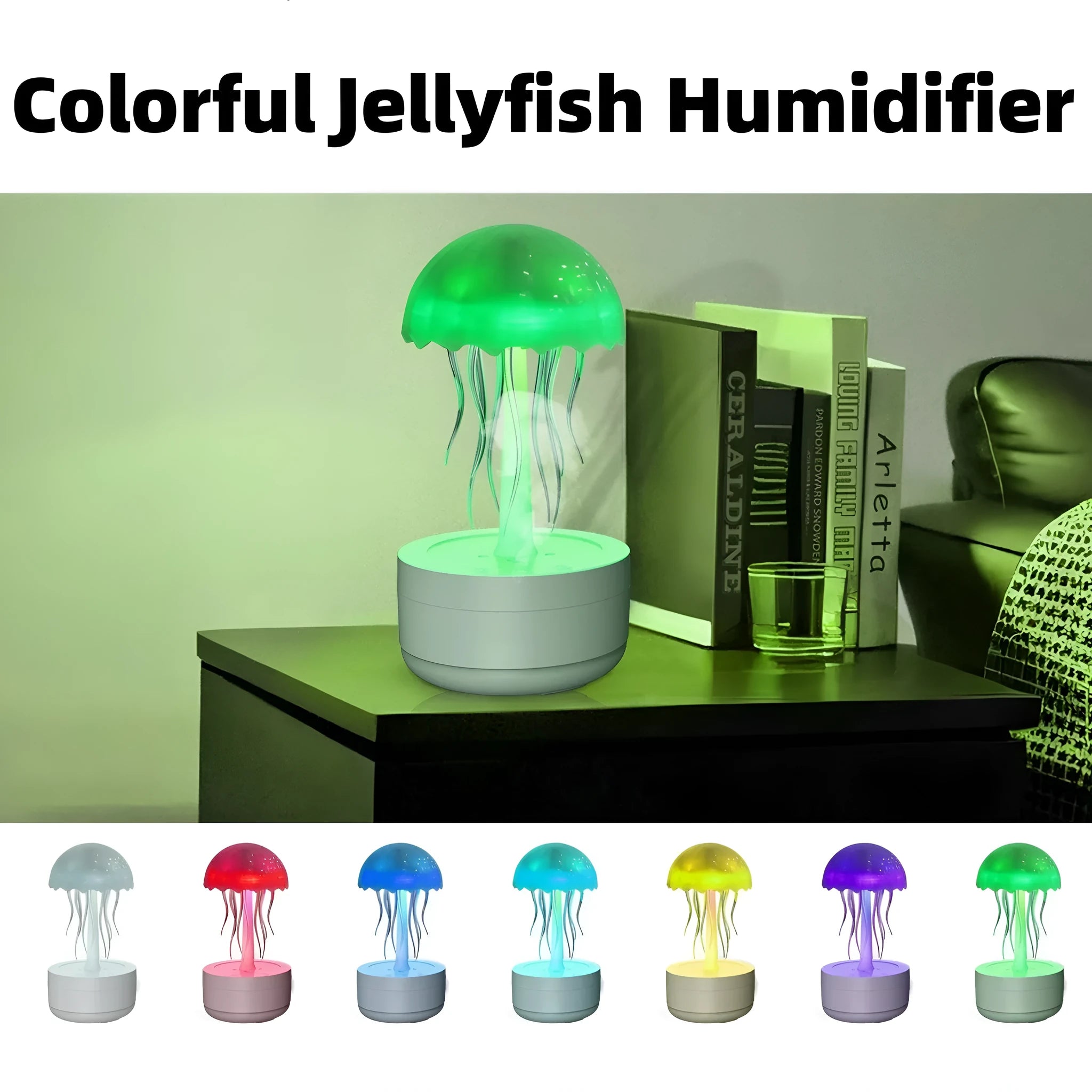White resin jellyfish aromatherapy diffuser with 7-colour night light and 300ml tank on a desk
