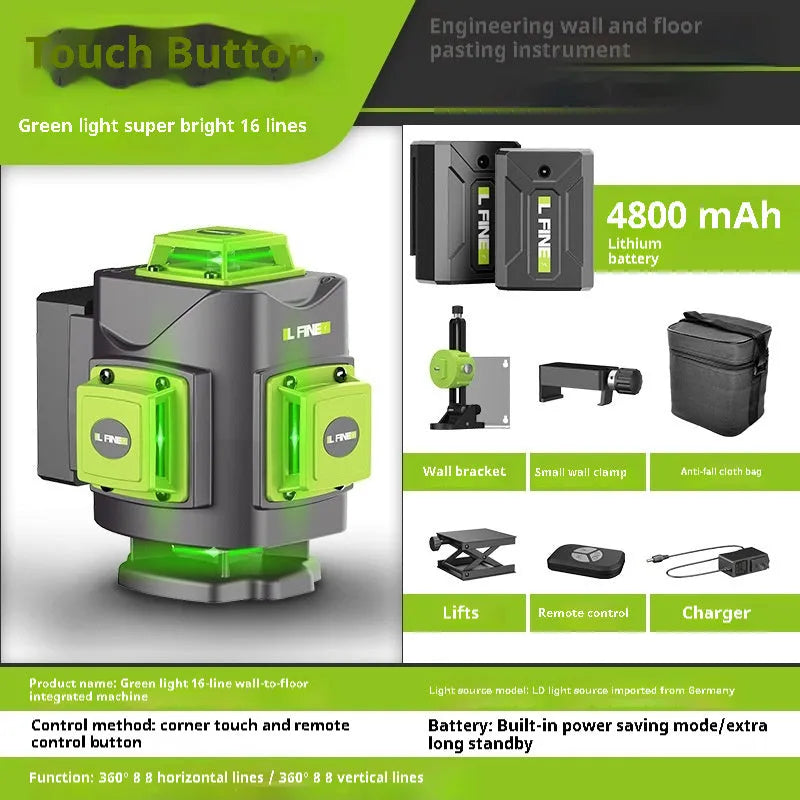 Green 16-line laser level tool with aluminium housing inside its nylon carry case.