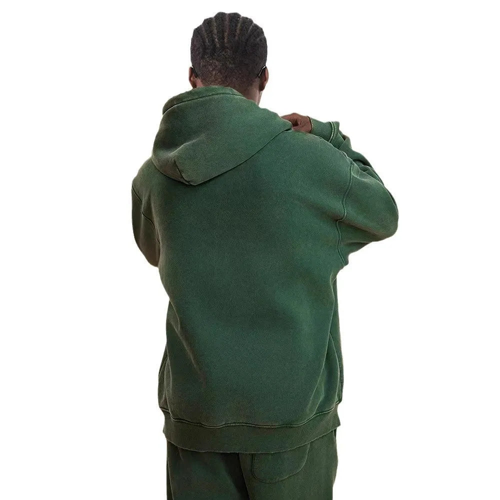 Men's washed cotton hooded cardigan sweater with fleece lining and double zipper front in dark green colour