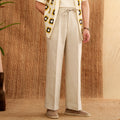 Women's linen trousers with elastic waist in straight-leg high-waist design, navy blue colour