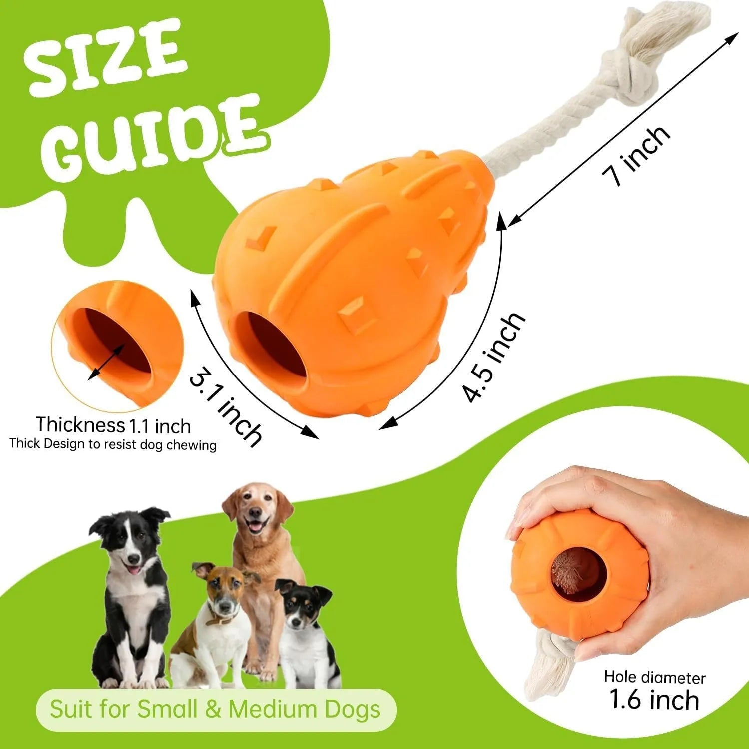 Natural rubber dog chew toy with a long strap and hollow centre for treat dispensing.