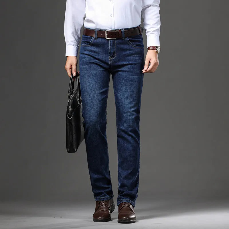 Women's black stretch jeans with straight-leg business casual styling and mid-waist zip placket