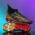 High-top soccer shoes with gold plated bottom, synthetic leather upper, in black colour, side view