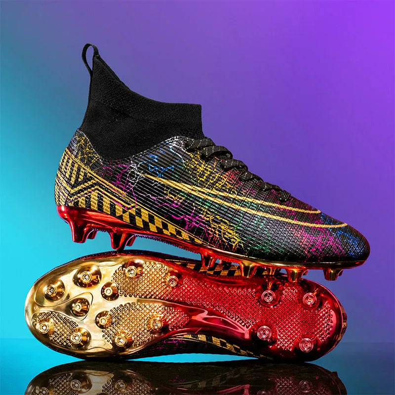 High-top soccer shoes with gold plated bottom, synthetic leather upper, in black colour, side view
