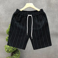 Men's black and white striped fleece-lined casual shorts with a double-layer waistband.