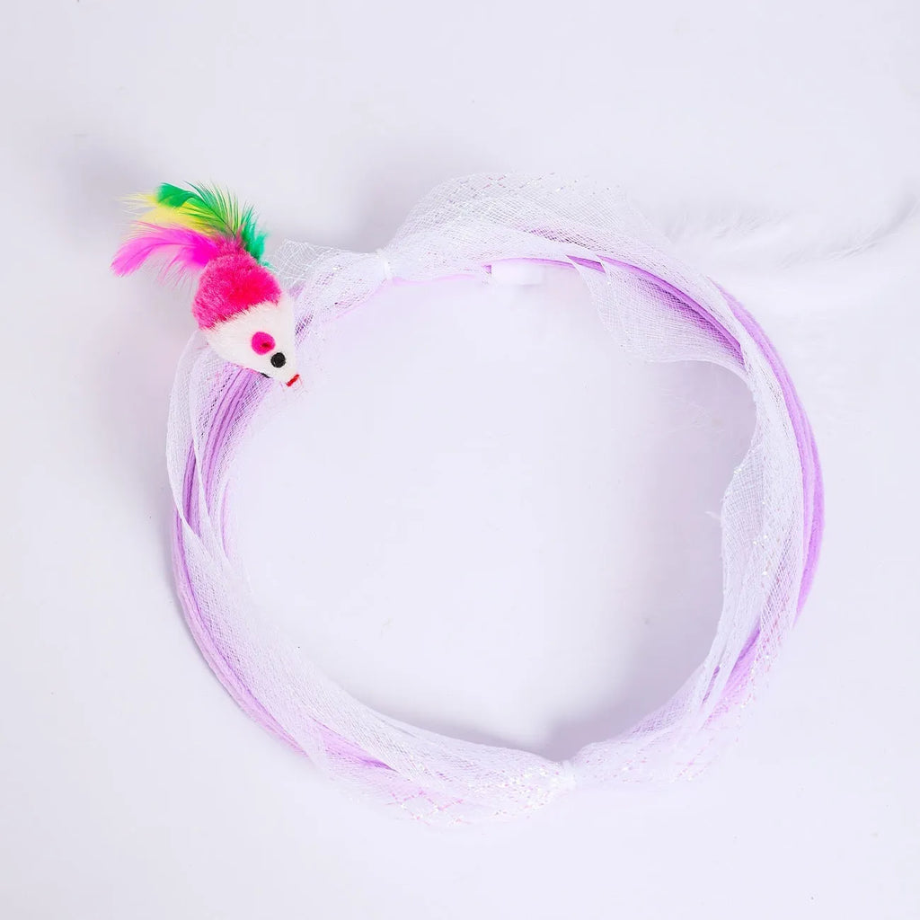 Pet cat tunnel made of steel wire and elastic net with feather attachment in mixed colour