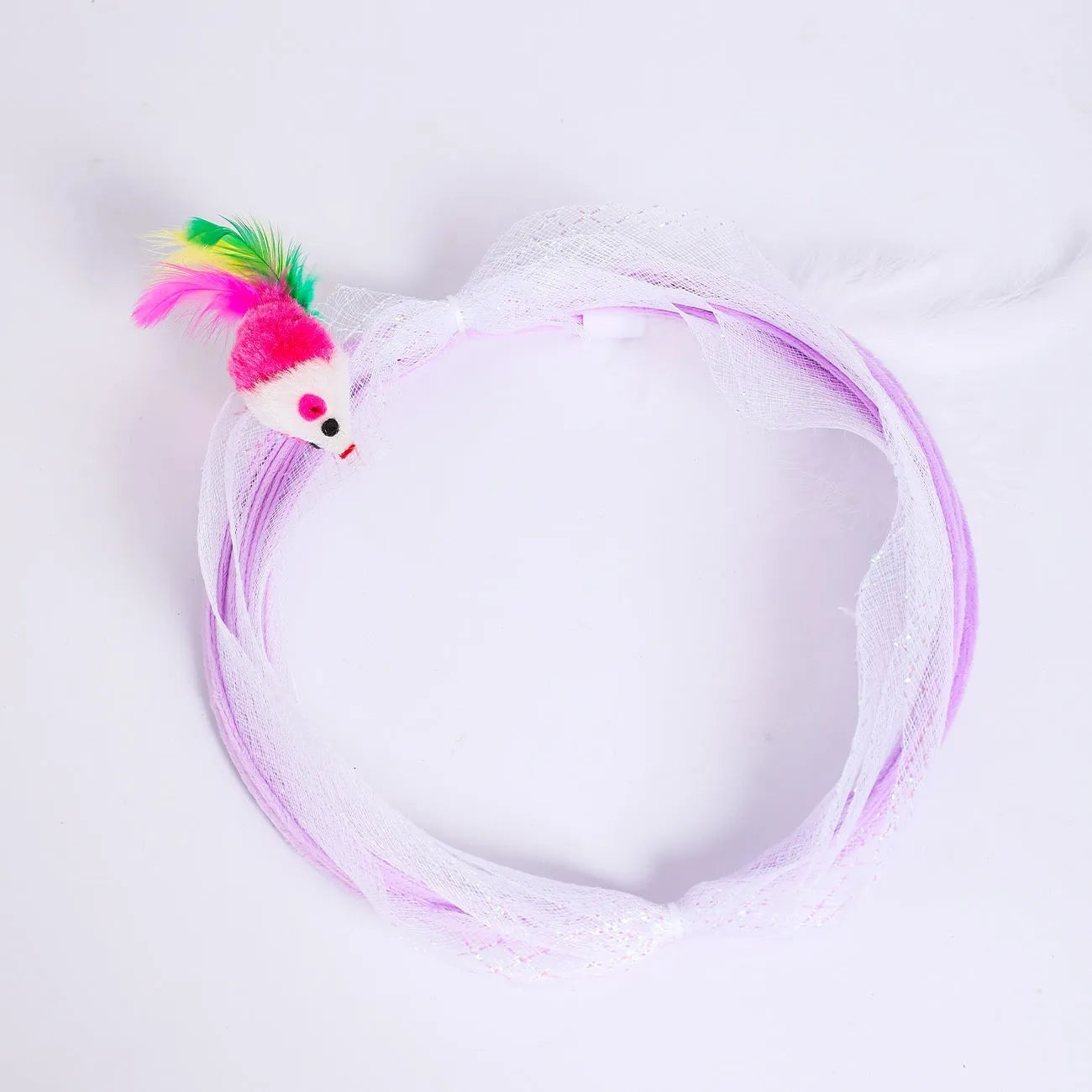 Pet cat tunnel made of steel wire and elastic net with feather attachment in mixed colour