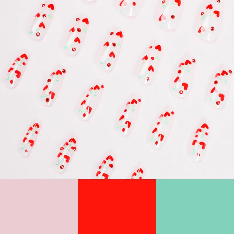 Red diamond and cherry pattern nail armour sheets and glue, 24-piece set colour JP1601.