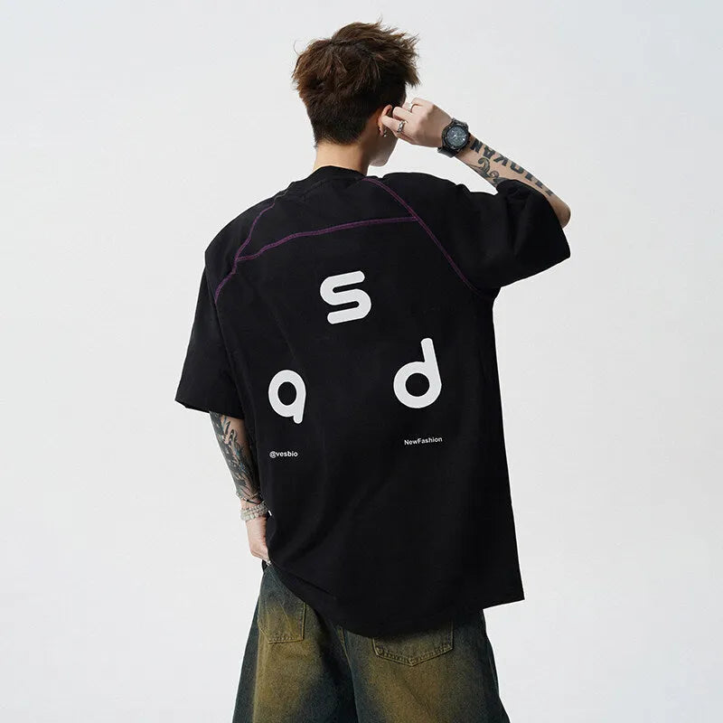 Cotton letter print short-sleeve T-shirt, loose fit round neck, available in black, white, sizes M to 2XL