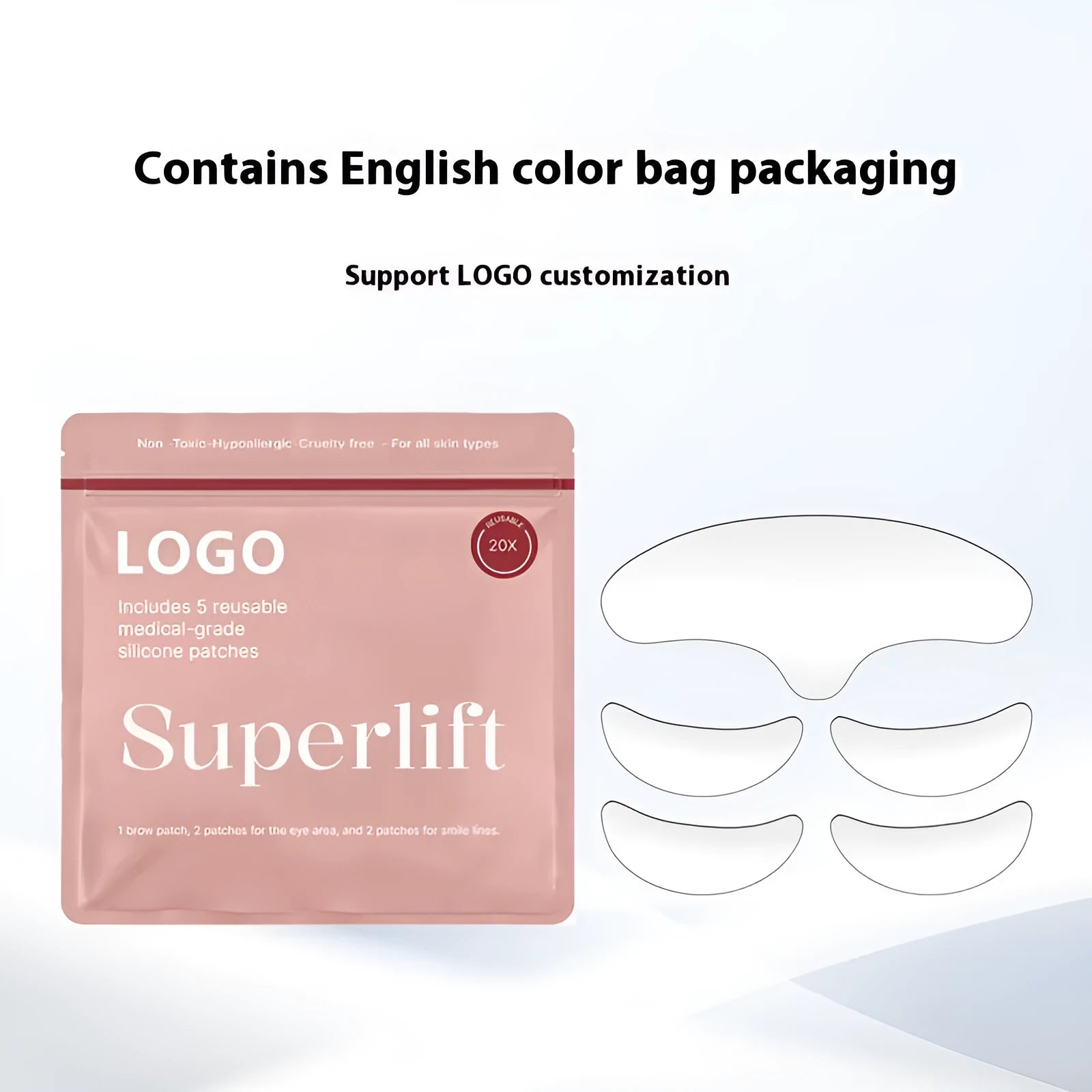 Set of five silicone anti-wrinkle face patches for forehead and eye application