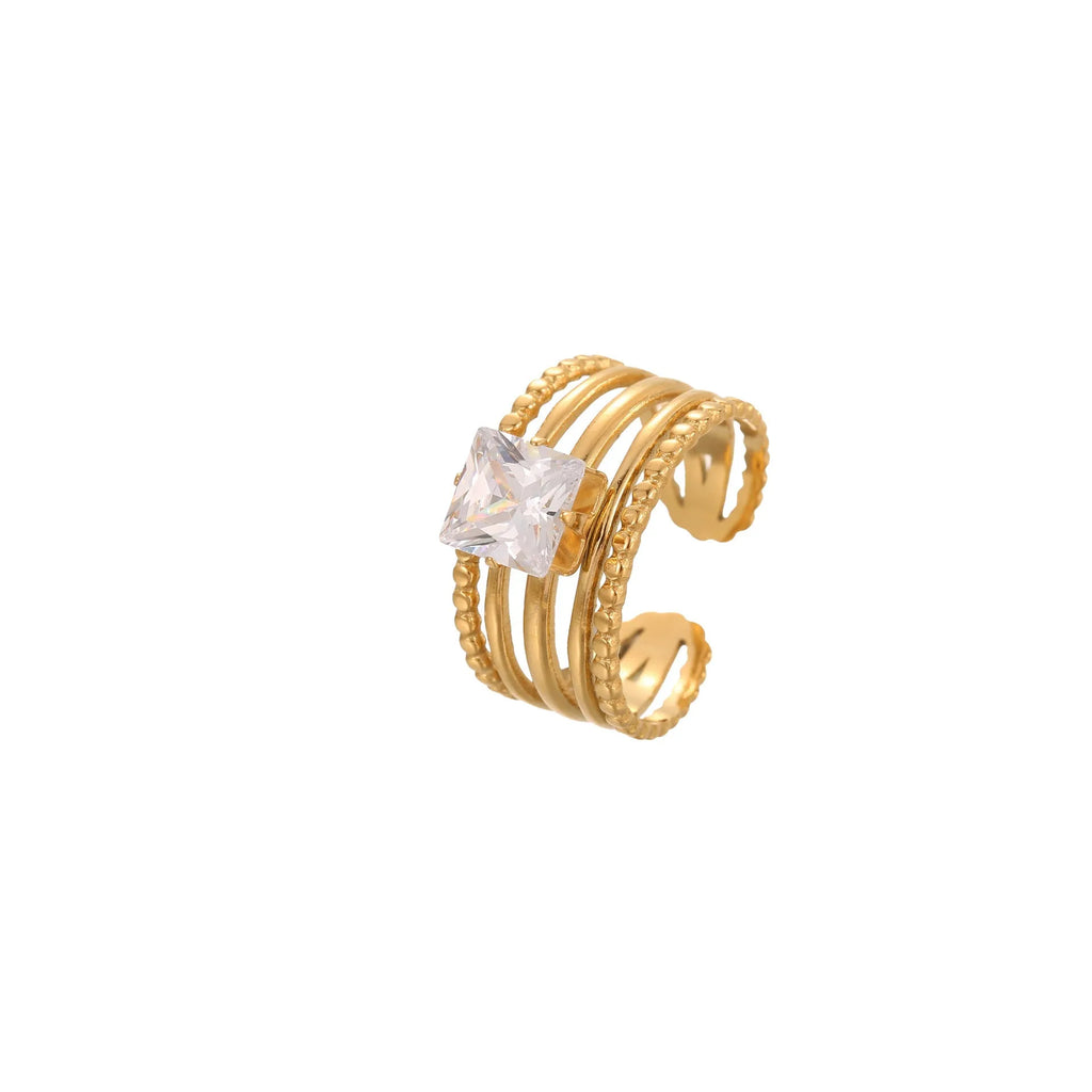 Geometric stainless steel ring with gold inlaid zircon heart shape design