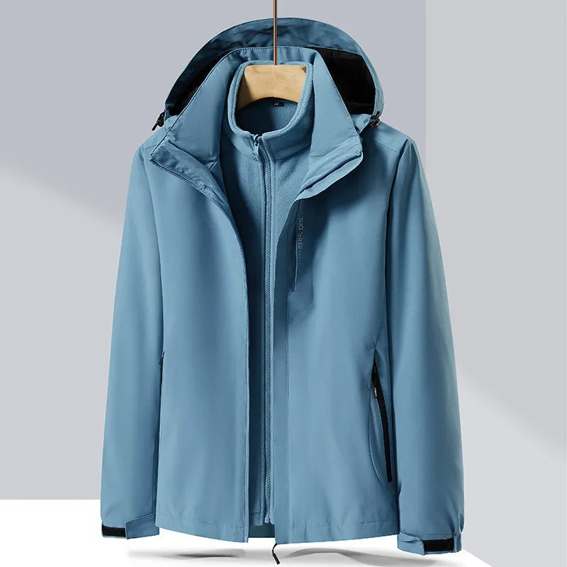 Men's waterproof mountaineering suit with removable jacket and trousers in fluorescent colours
