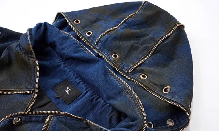 Blue heavy industry hooded denim vest and matching trousers set on a model, showing zippered front and Korean style.