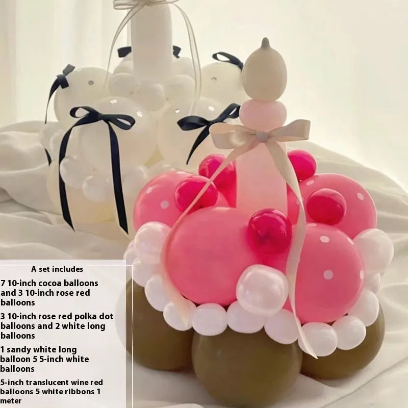 DIY finished balloon bouquet cake decoration kit with round balloons for party centrepieces.