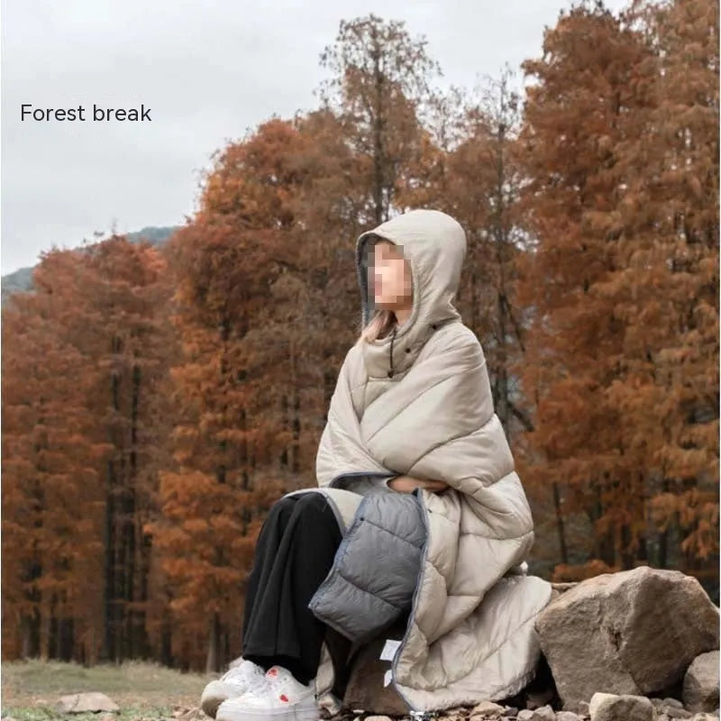 Army Green wearable cloak sleeping bag laid flat showing 200x140cm size and cape hood.
