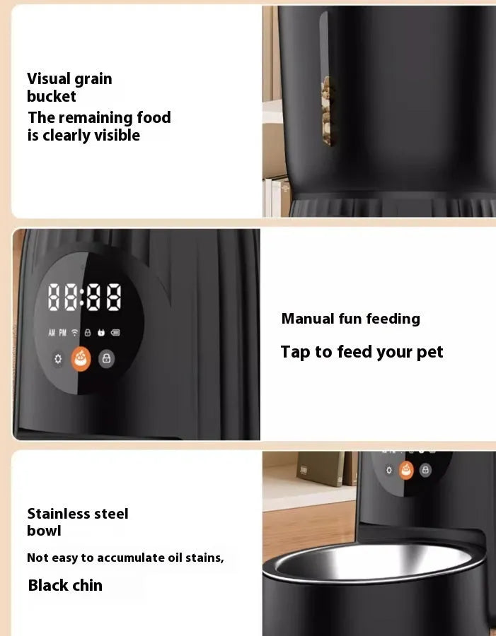 Black and white intelligent pet feeder with smartphone app remote control for automatic feeding