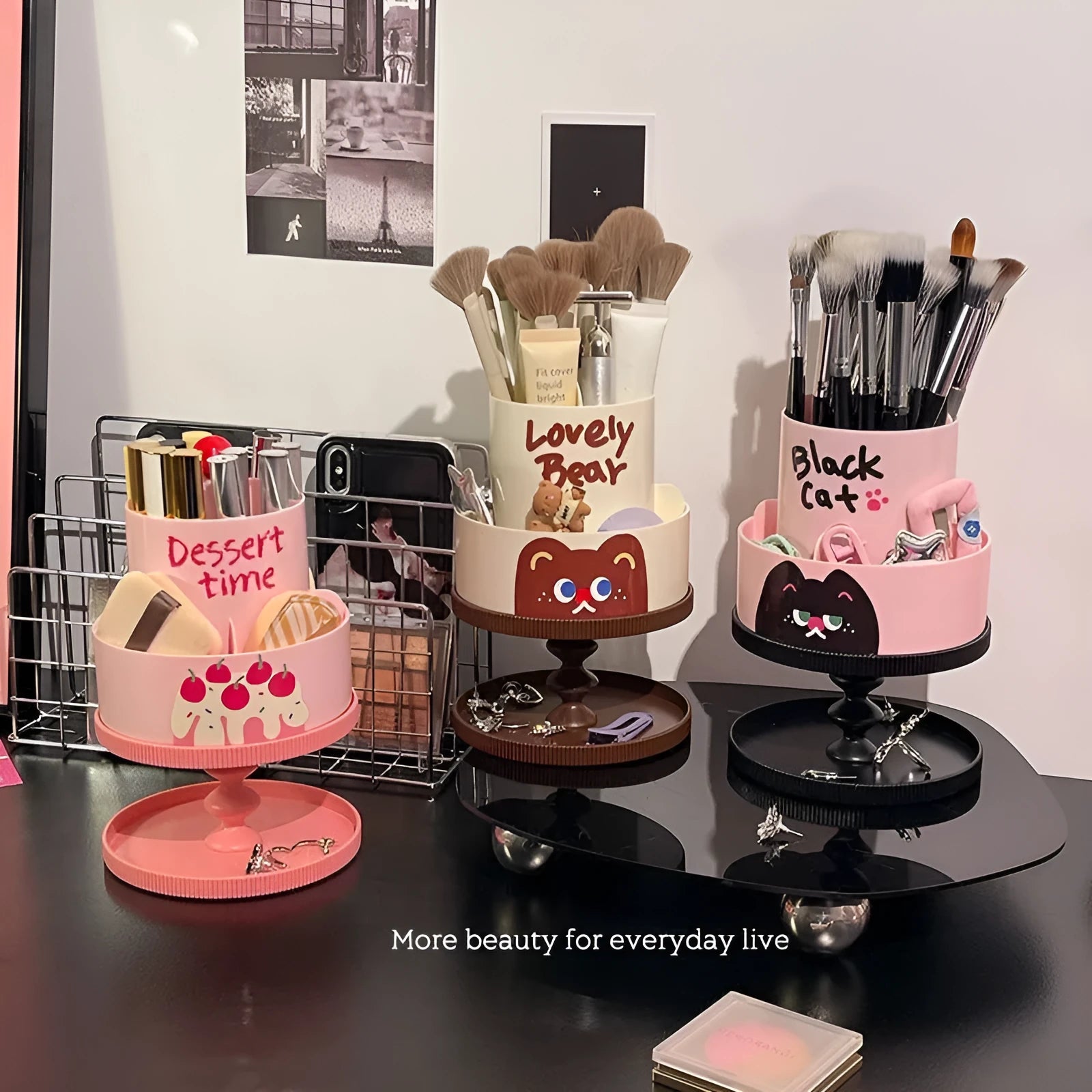 Beige rotating cosmetic brush storage barrel with internal rack, showing 18L capacity.