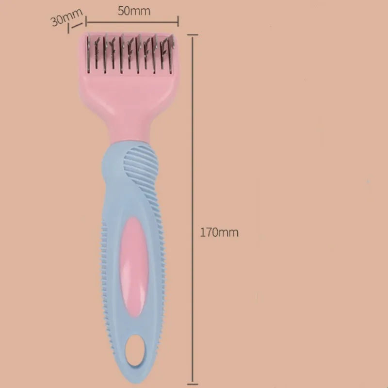 Pink stainless steel pet comb with integrated knot knife for grooming dogs and cats.