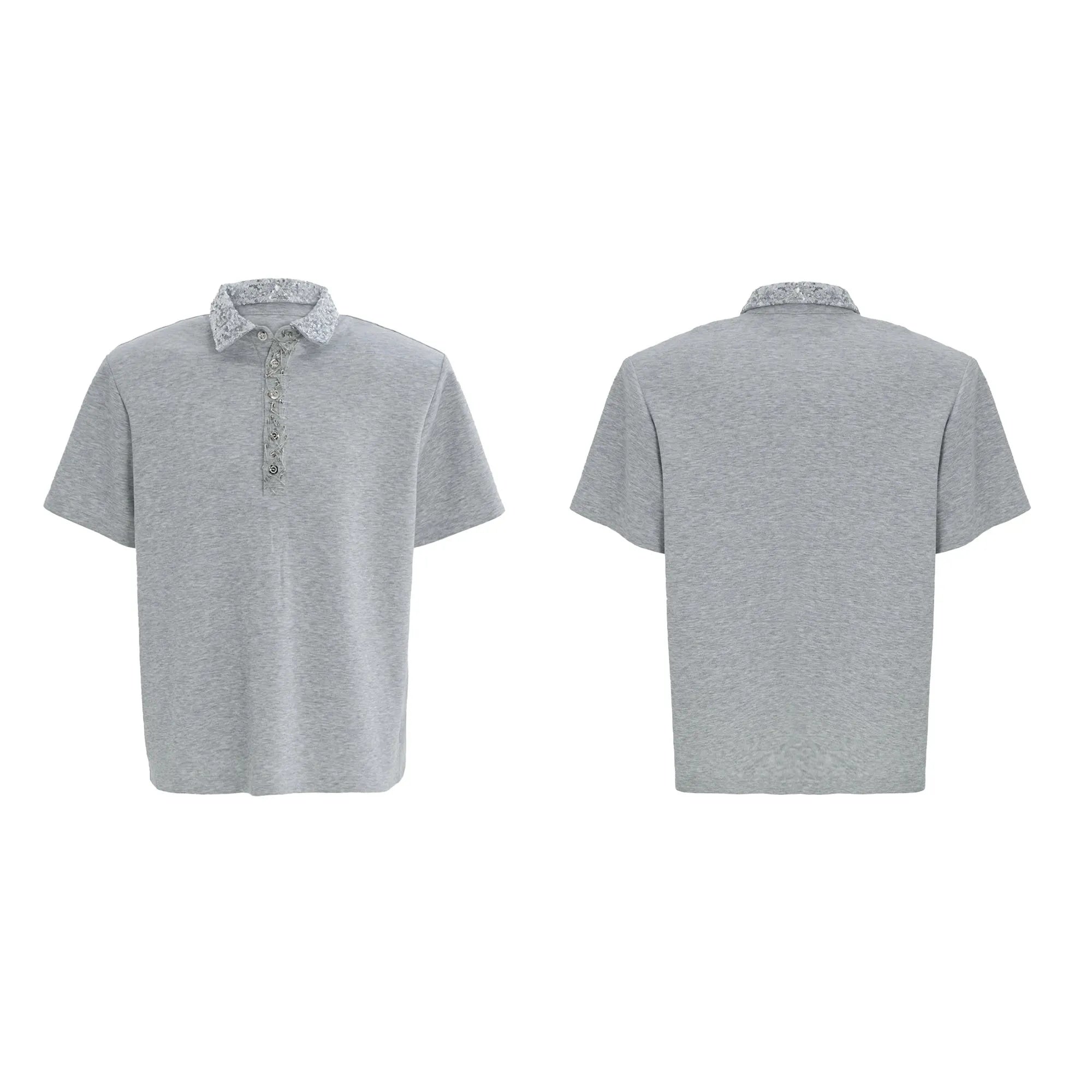 Loose fit black men's polo shirt with square collar, short sleeves, and embroidered sequin detailing.