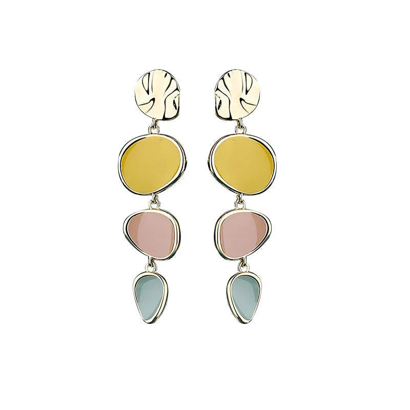 Alloy disc earrings with Morandi three-colour oil drip finish and geometric wafer shape