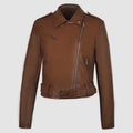 Women's red PU leather jacket with lapel collar and belt detail