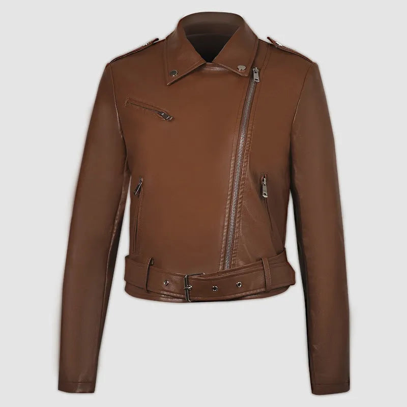 Women's red PU leather jacket with lapel collar and belt detail