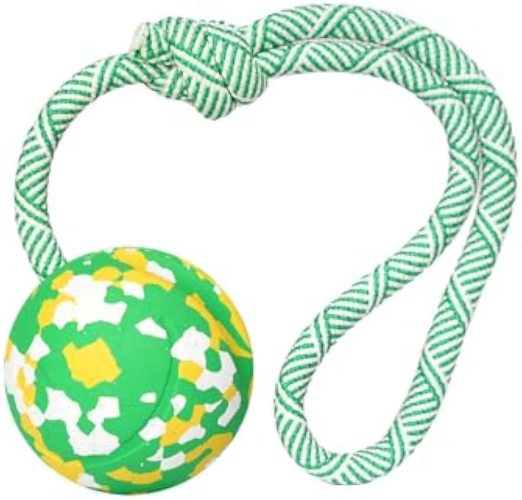 Natural rubber dog ball attached to a blue nylon rope for fetch and tug-of-war play.