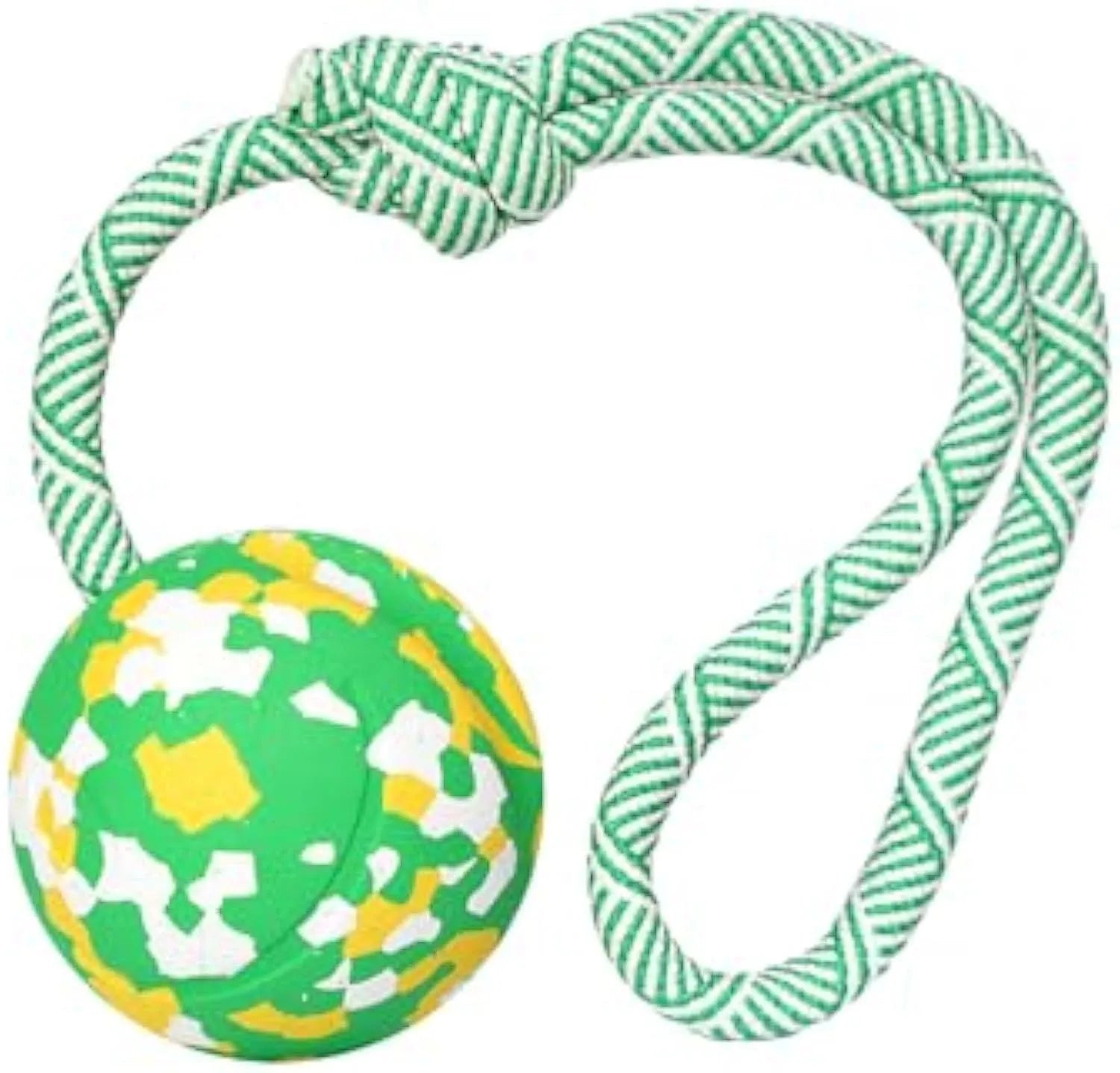 Natural rubber dog ball attached to a blue nylon rope for fetch and tug-of-war play.