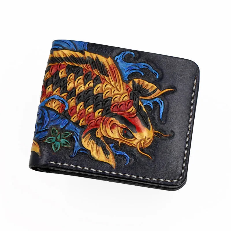 Men's manually carved cow leather short wallet in blue colour showing open closure design