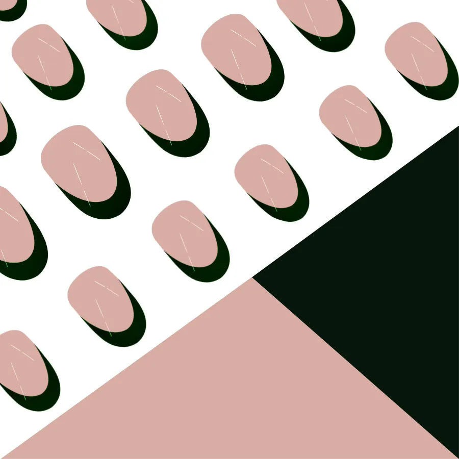 Simple black French style wear manicure 24 pieces short almond shape on neutral background