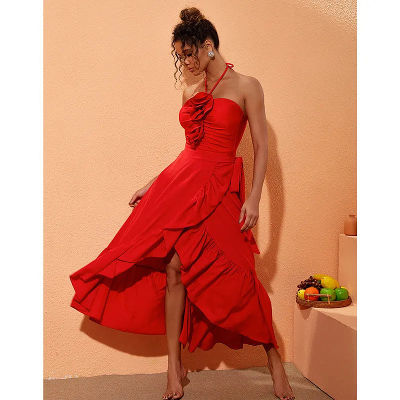 Red V-neck one-piece swimsuit with detachable skirt and open back for women